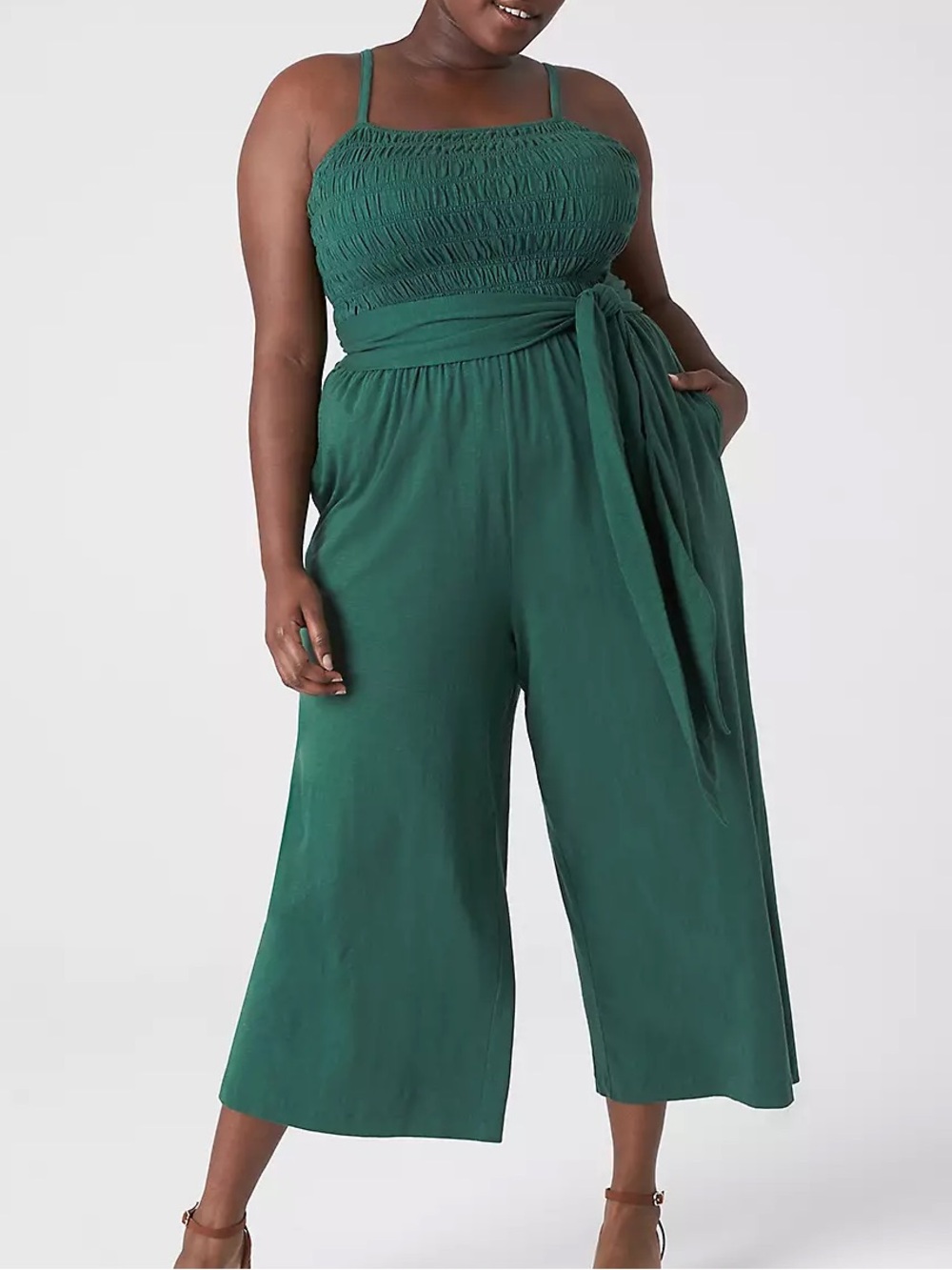 Lane‎ Bryant Smocked Bodice Waist Tie Jumpsuit Sz 14 16 Green Cotton